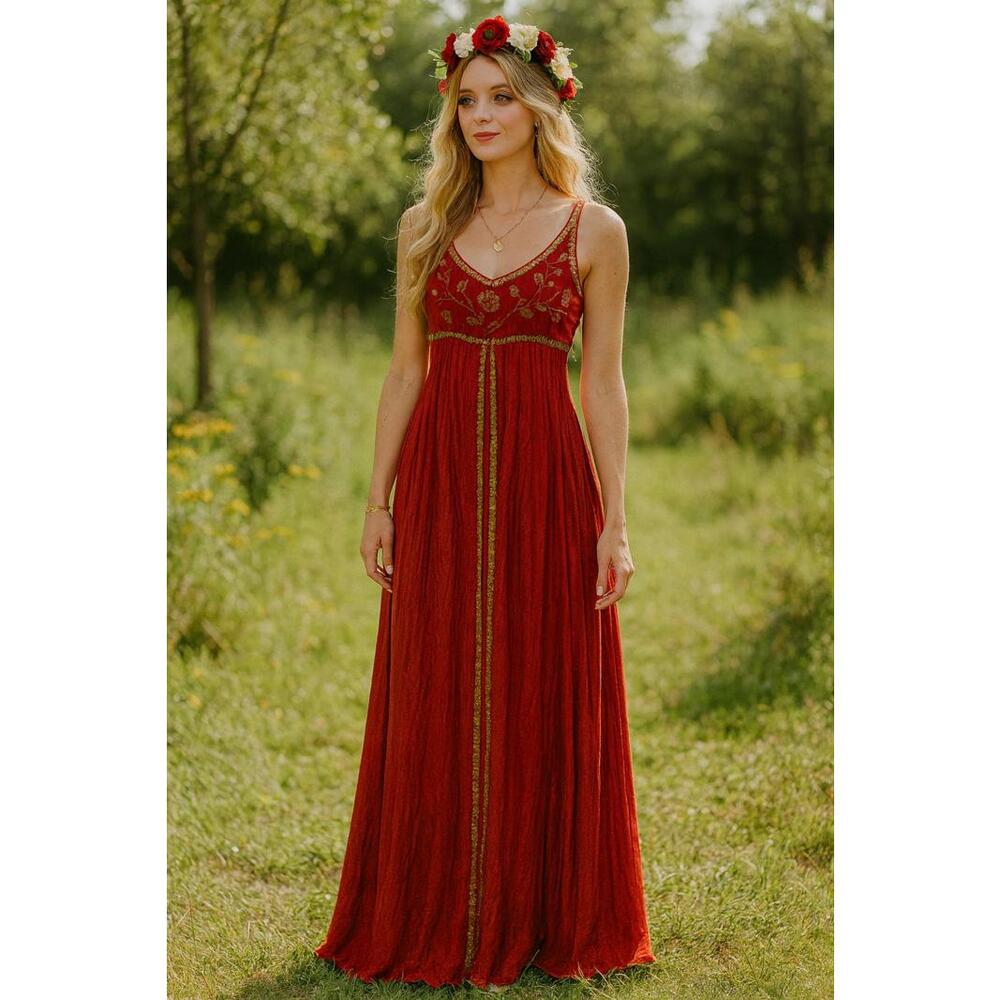 Vintage Red Boho Embroidered Velvet Empire Waist Festival Gown Renaissance Fairy
